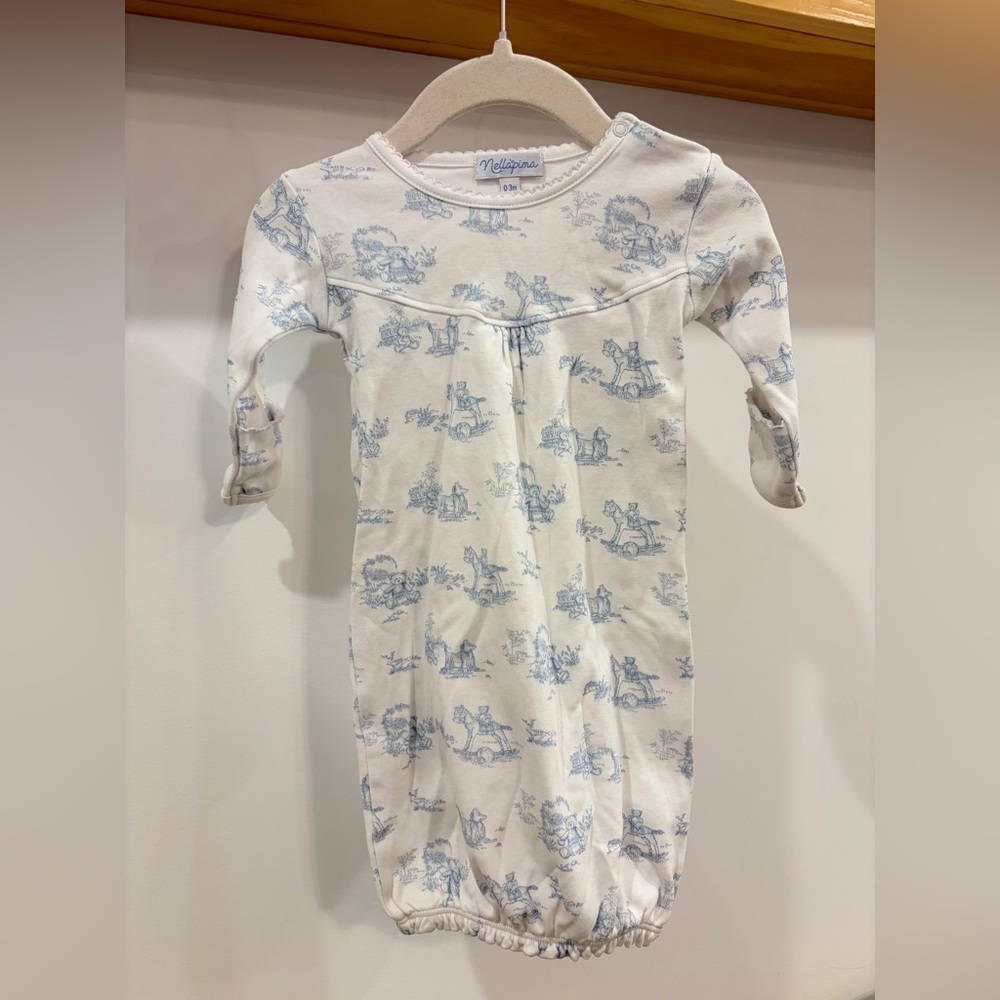 NWOT Nellapima Blue Toile Baby Gown (0-3m)